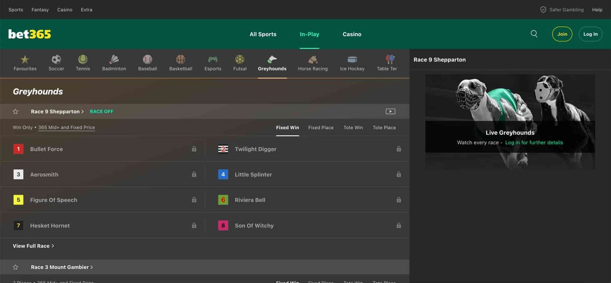 Bet365 greyhound racing interface showing Shepparton race details with betting options.