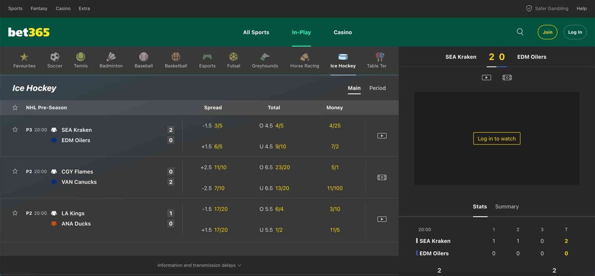 Bet365 in-play ice hockey betting screen showing Seattle Kraken vs Edmonton Oilers with live odds and spreads, useful for learning how to change odds format on Bet365.