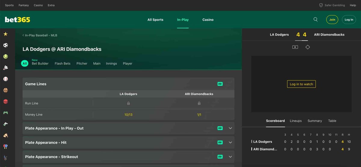 Bet365 live in-play baseball odds showing LA Dodgers vs Arizona Diamondbacks game with tied score