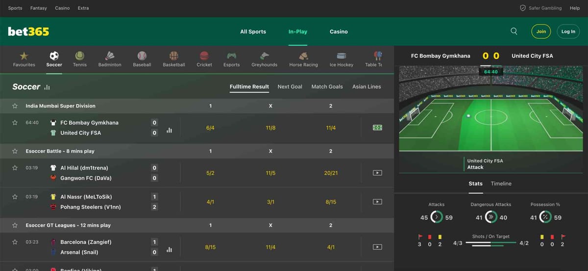 Bet365 live football betting screen showing in-play match stats between FC Bombay Gymkhana and United City FSA – example for Bet365 Nubank deposit Brazil users.