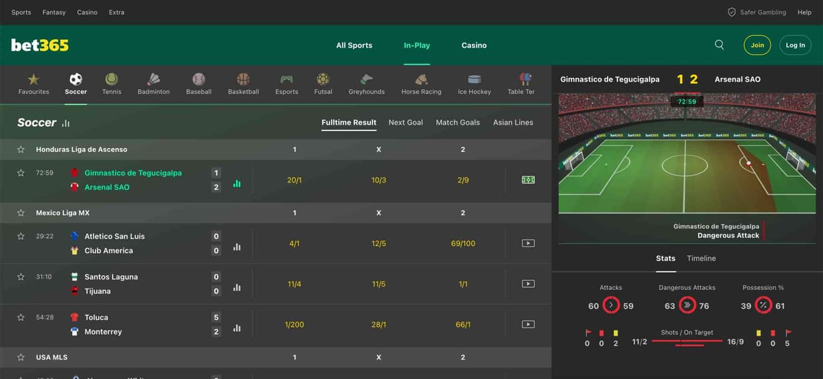 Bet365 live football betting on Gimnastico de Tegucigalpa vs Arsenal SAO with in-play stats and odds.