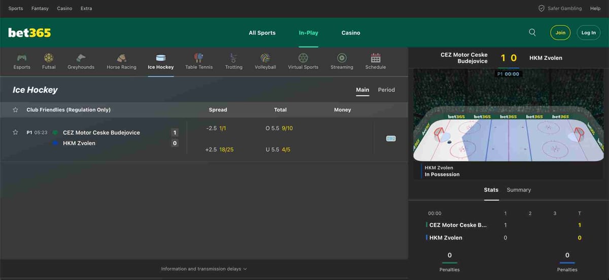 Live ice hockey betting on Bet365 showing CEZ Motor Ceske Budejovice vs HKM Zvolen with odds, spread, and totals displayed – Bet365 does return include stake.