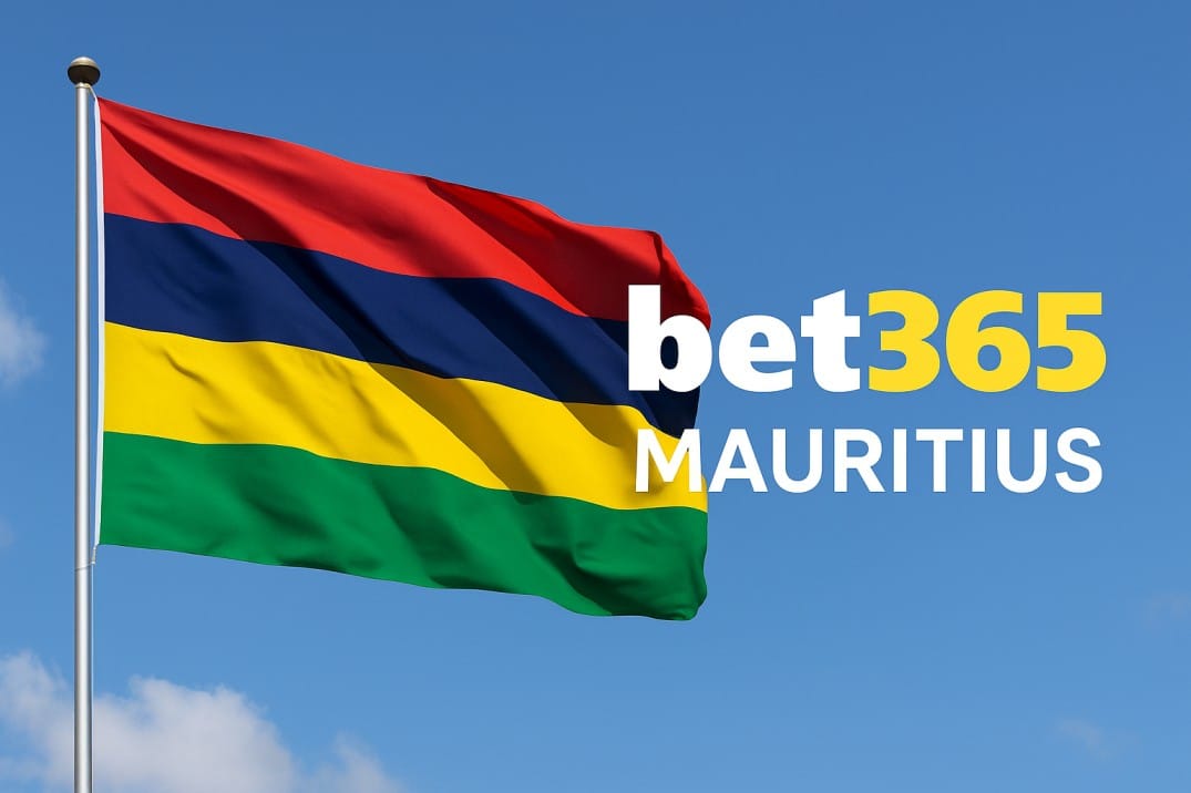 Mauritius flag waving in the sky with Bet365 Mauritius branding