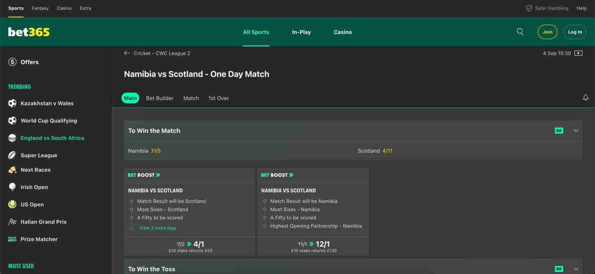 Betting odds for Namibia vs Scotland cricket match on Bet365 showing match winner and bet boosts.