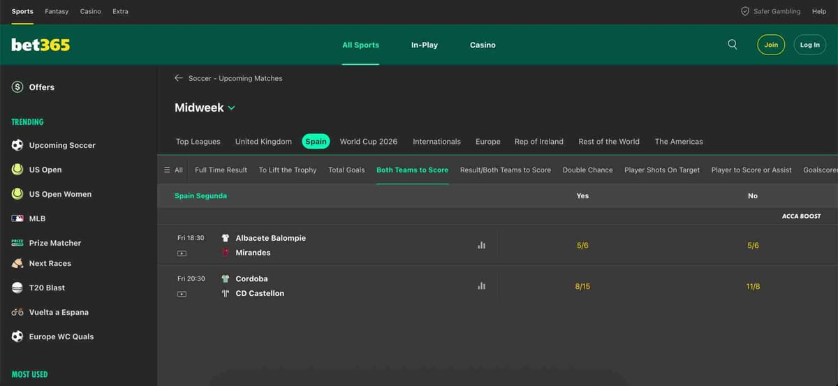 Bet365 Spain Segunda betting odds showing Albacete vs Mirandes and Cordoba vs CD Castellon — is Bet365 available in Nigeria for these markets?