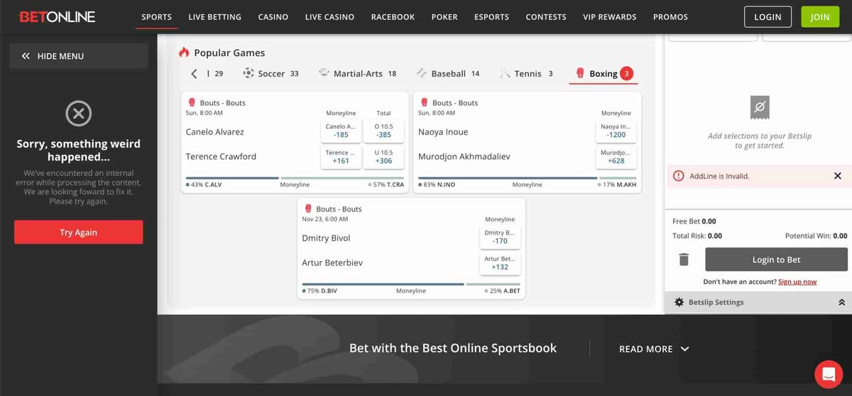 BetOnline boxing odds page showing Canelo Alvarez vs Terence Crawford and Naoya Inoue vs Murodjon Akhmadaliev with betting lines – BetOnline Visa deposit Nigeria