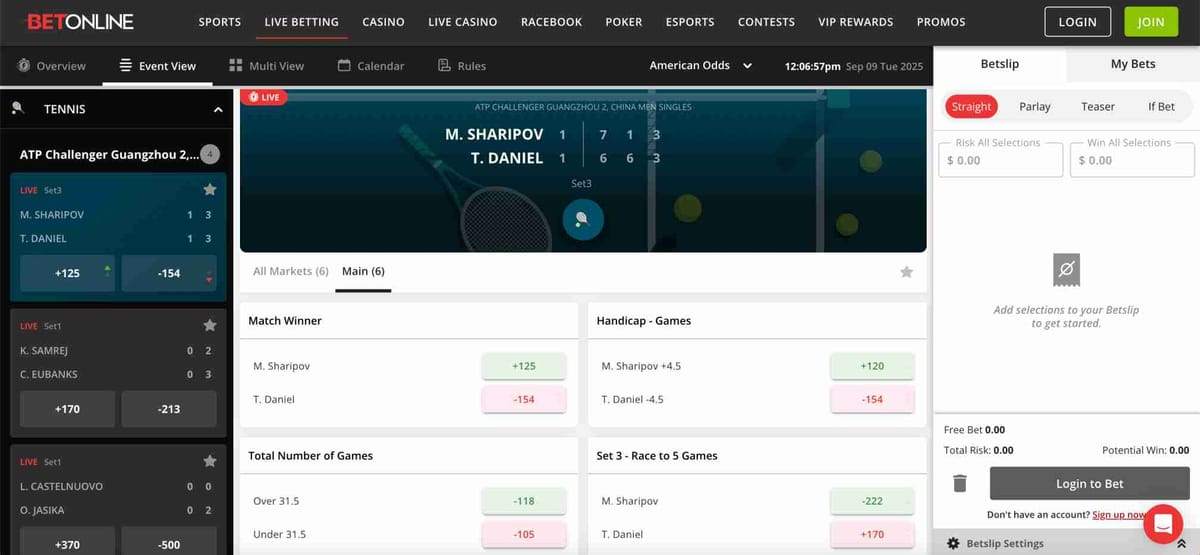 BetOnline live betting screen for ATP Challenger Guangzhou tennis match showing odds, raising the question can I use BetOnline with fake name.