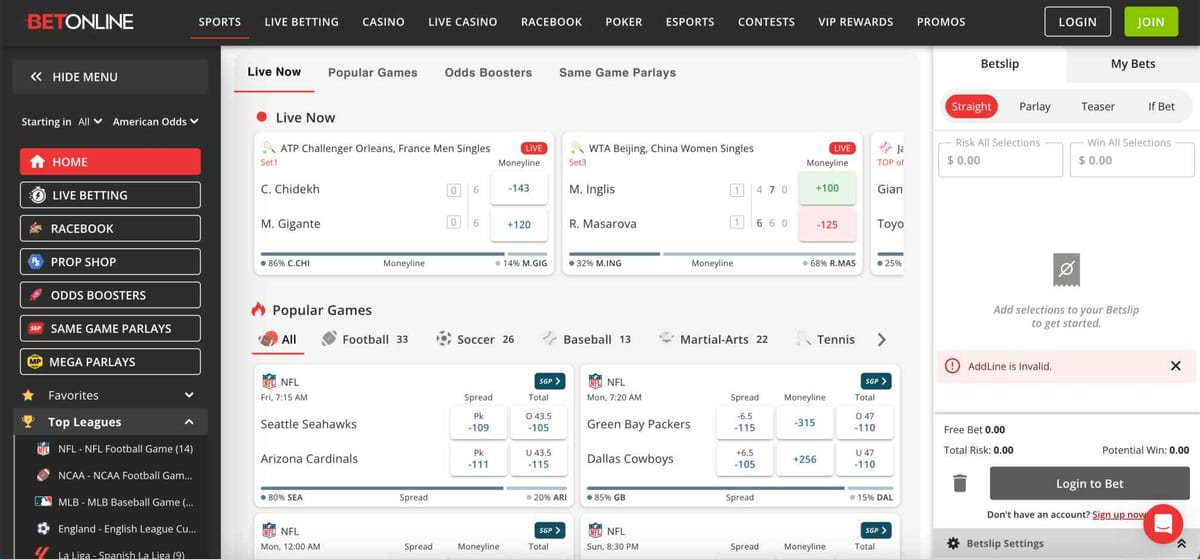 BetOnline live betting dashboard showing tennis and NFL odds with betslip section – BetOnline wire transfer withdrawal time Canada reference.