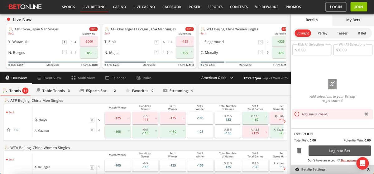 Live tennis betting odds on BetOnline platform showing matches in progress and betting lines, related to the topic can BetOnline ban you for winning.