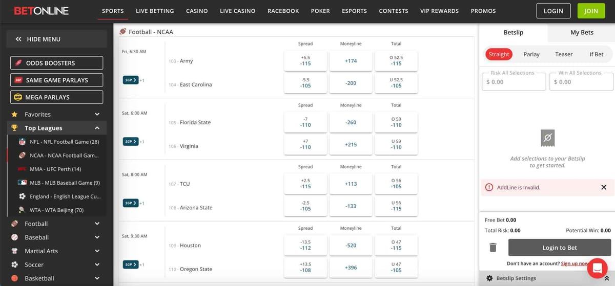 Betting odds for NCAA football games on BetOnline showing spreads, moneylines, and totals — relevant for users asking “Does BetOnline work in Spain.”