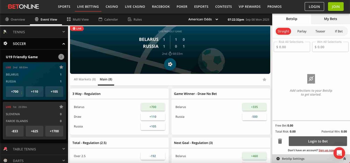 BetOnline live betting screen showing U19 friendly soccer match Belarus vs Russia tied 1-1 with odds and betting options — does BetOnline have instant withdrawal?
