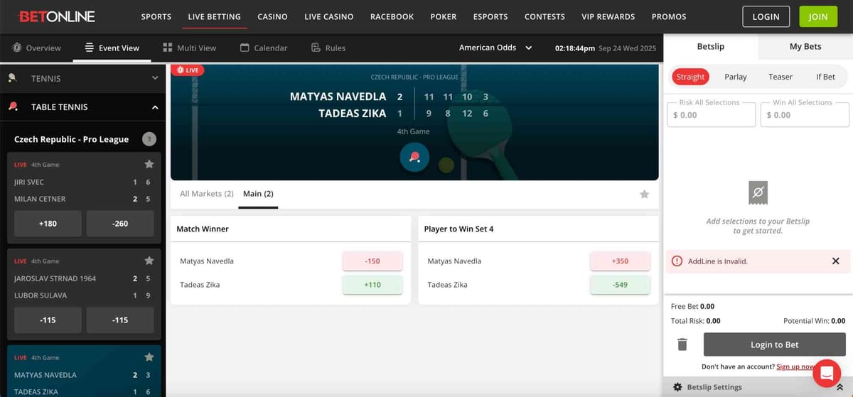 Live BetOnline table tennis odds showing match between Matyas Navedla and Tadeas Zika with betting options including match winner and enhanced prices.