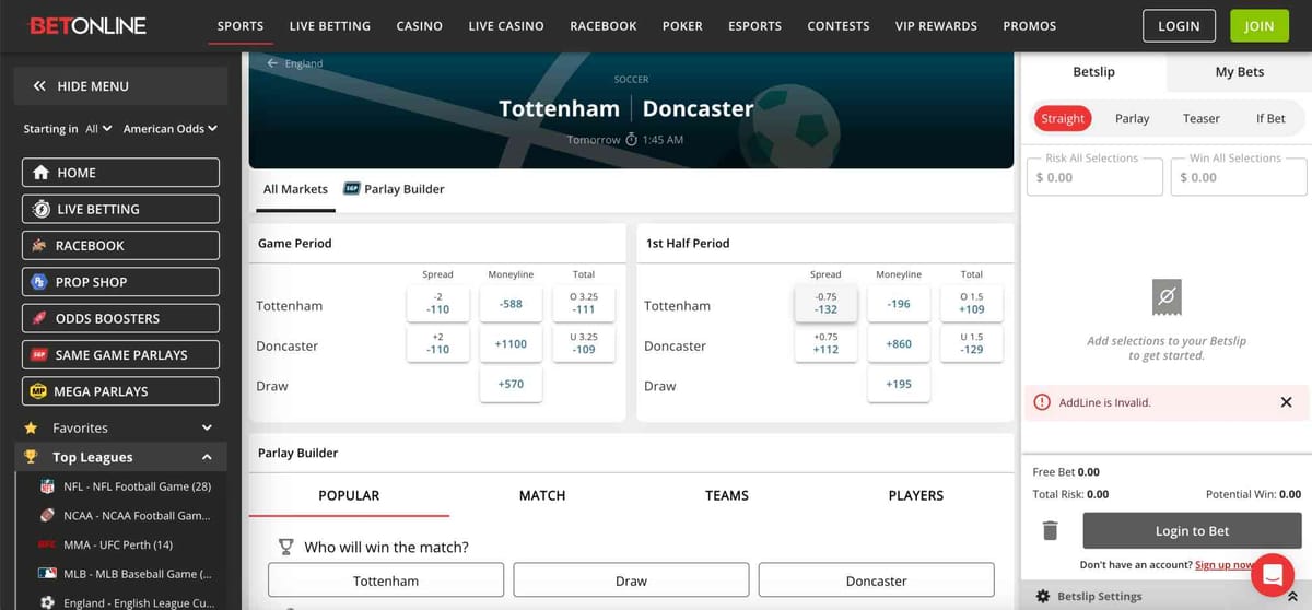 BetOnline sportsbook showing Tottenham vs Doncaster odds with spreads, moneyline, totals, and betslip error AddLine is invalid — how to cancel a bet on BetOnline guide.