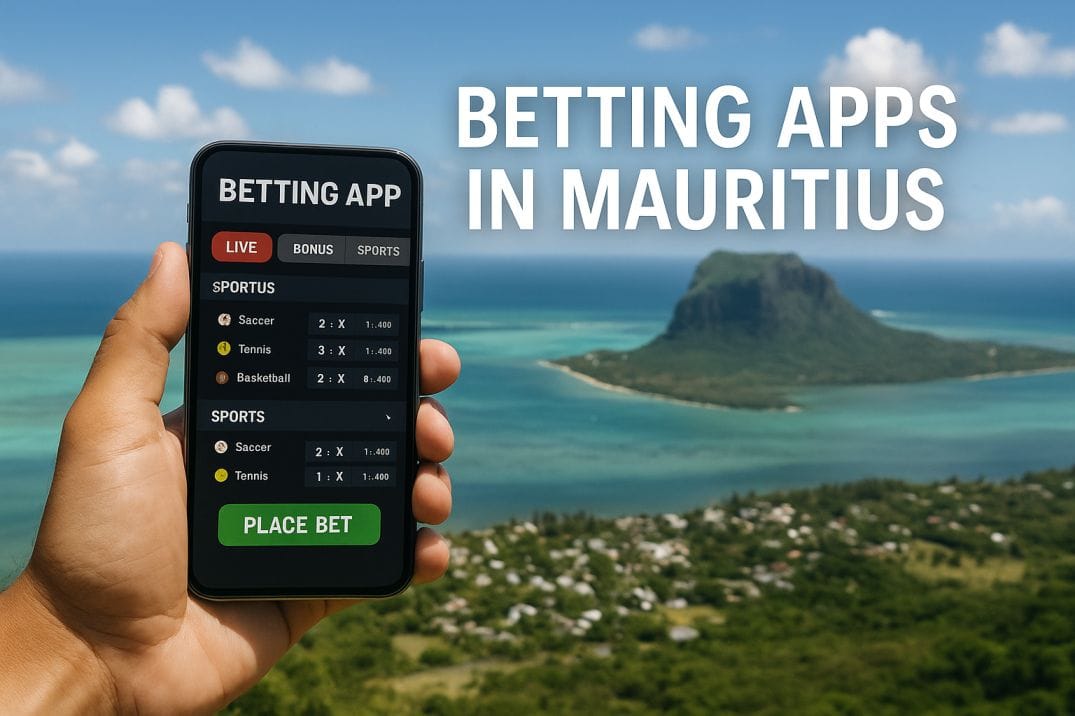 Hand holding a mobile phone with a betting app open, overlooking the coast of Mauritius – betting apps in Mauritius concept.
