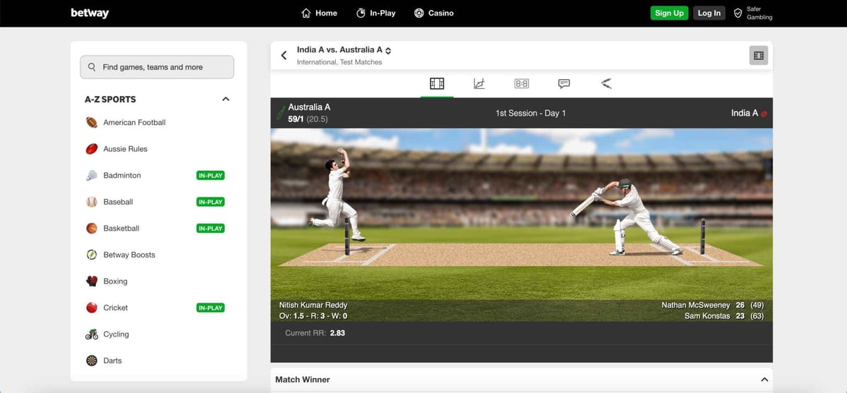 Live cricket betting screen on Betway showing India A vs Australia A match with score updates and players’ details.