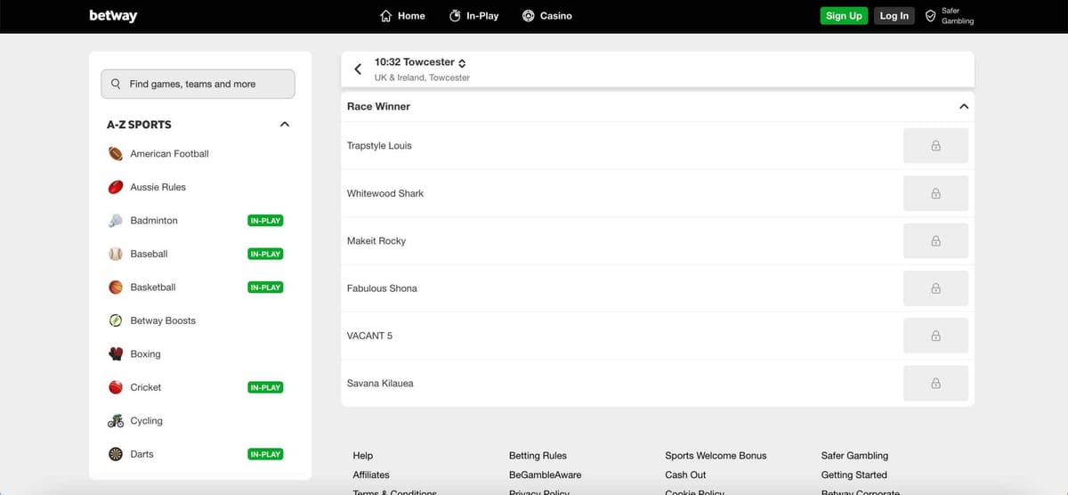 Betway horse racing odds for Towcester race showing available betting options, helpful for learning how to convert bonus into cash on Betway.