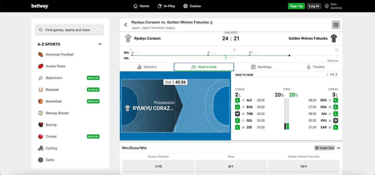 Live handball match screen on Betway showing Ryukyu Corazon vs Golden Wolves Fukuoka with betting odds and statistics, example of what happens if a bet is void on Betway.