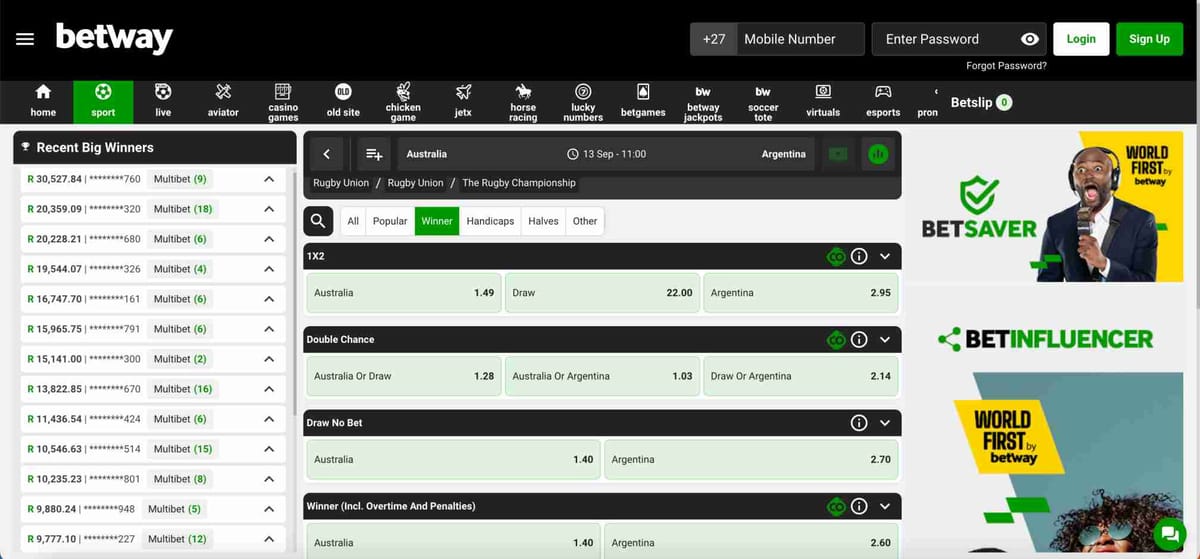 Betway betting odds for Australia vs Argentina rugby match with recent winners displayed – related to are Betway winnings taxable in Canada