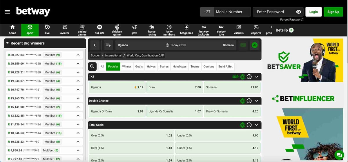 Betway sports betting page showing Uganda vs Somalia World Cup qualifier odds – example of Betway deposit not showing up issue during betting