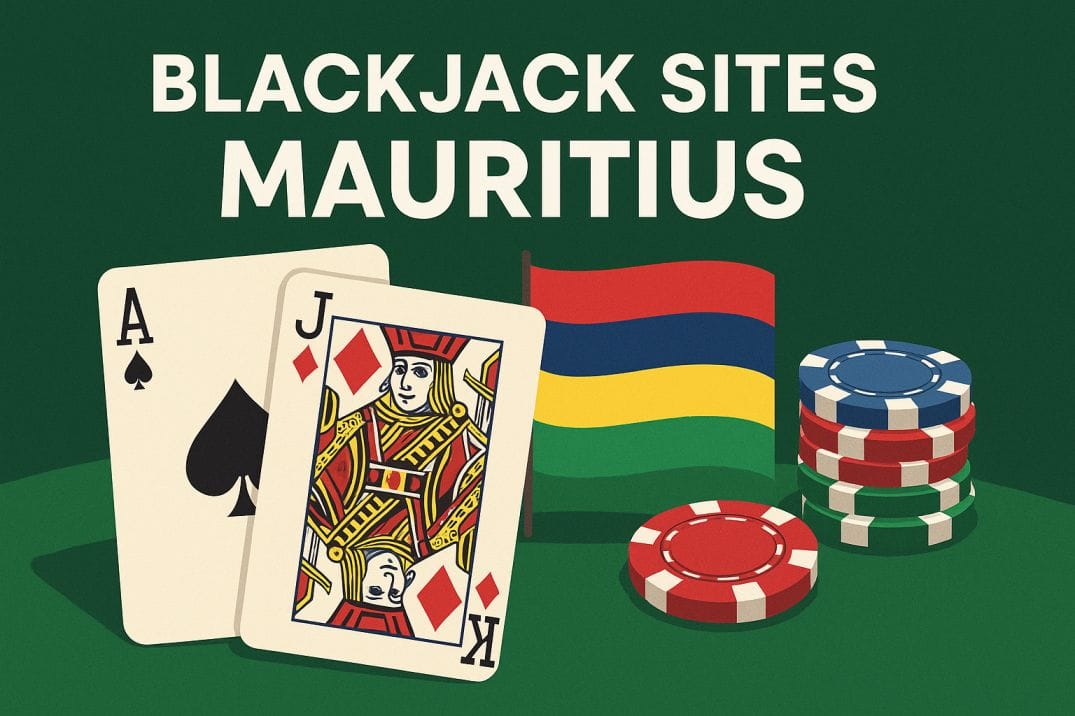 Illustration of blackjack sites in Mauritius with cards, poker chips, and national flag