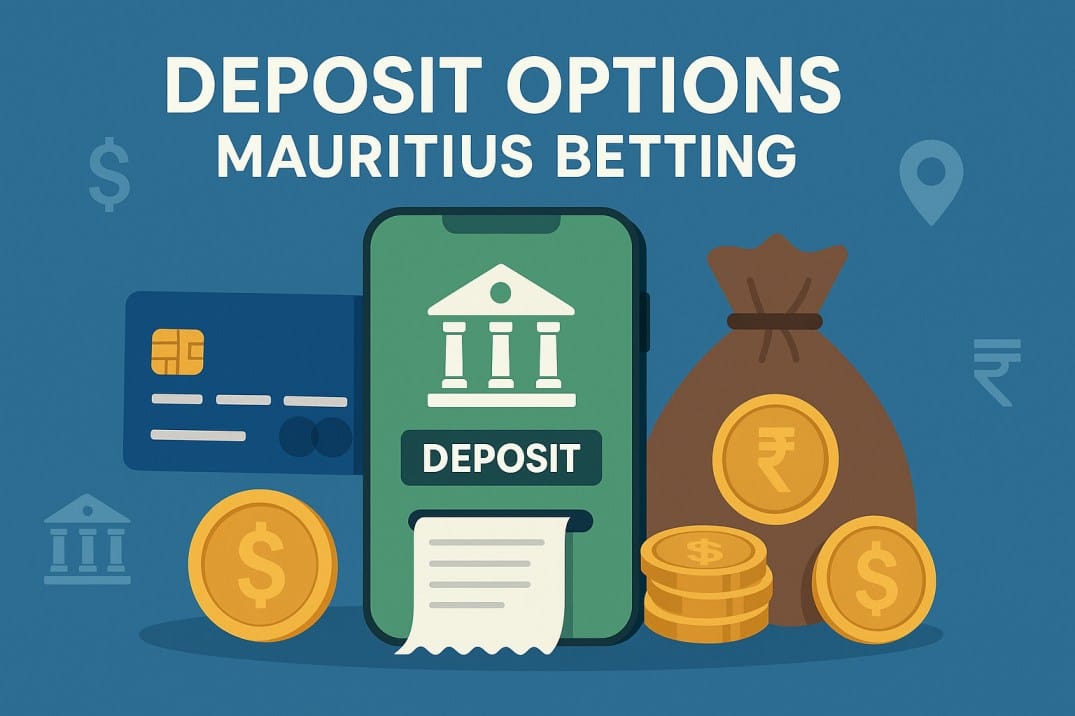 Illustration showing deposit options for Mauritius betting with credit card, smartphone banking, and money bag.