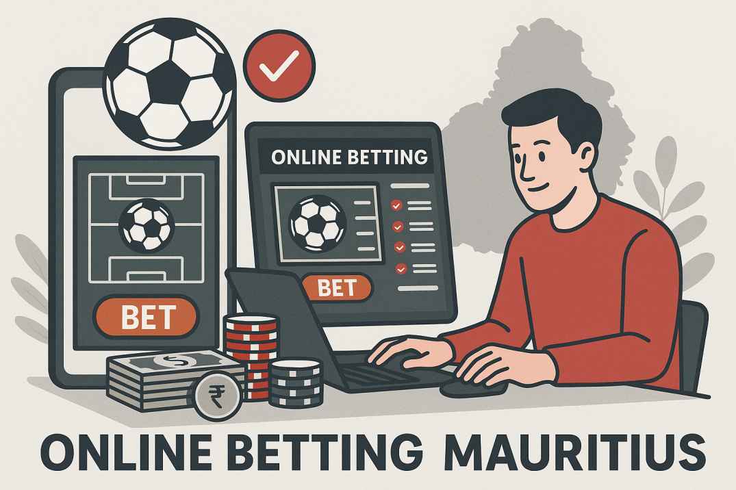 Illustration of a person using laptop and mobile for online betting Mauritius with football graphics.