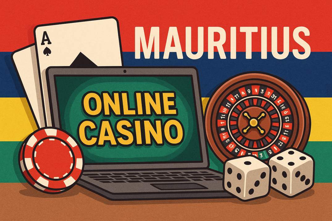 Illustration of online casino in Mauritius with playing cards, roulette wheel, poker chips, and dice.