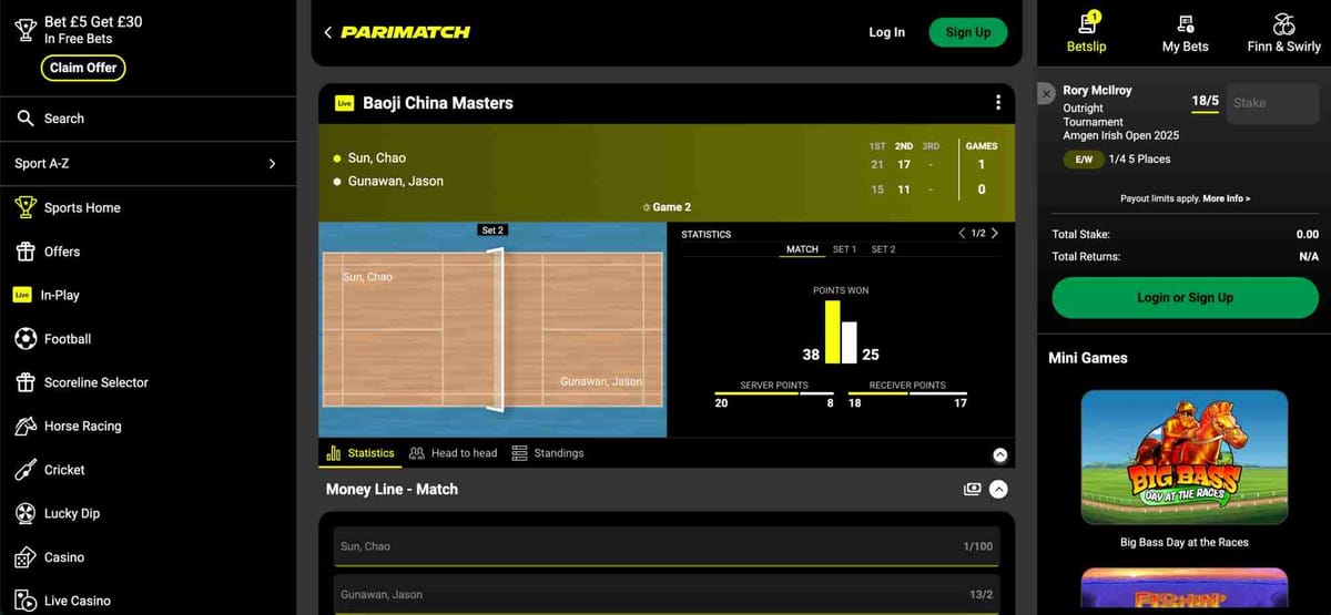 Live Baoji China Masters match screen on Parimatch showing Sun Chao vs Jason Gunawan with betting odds and statistics.