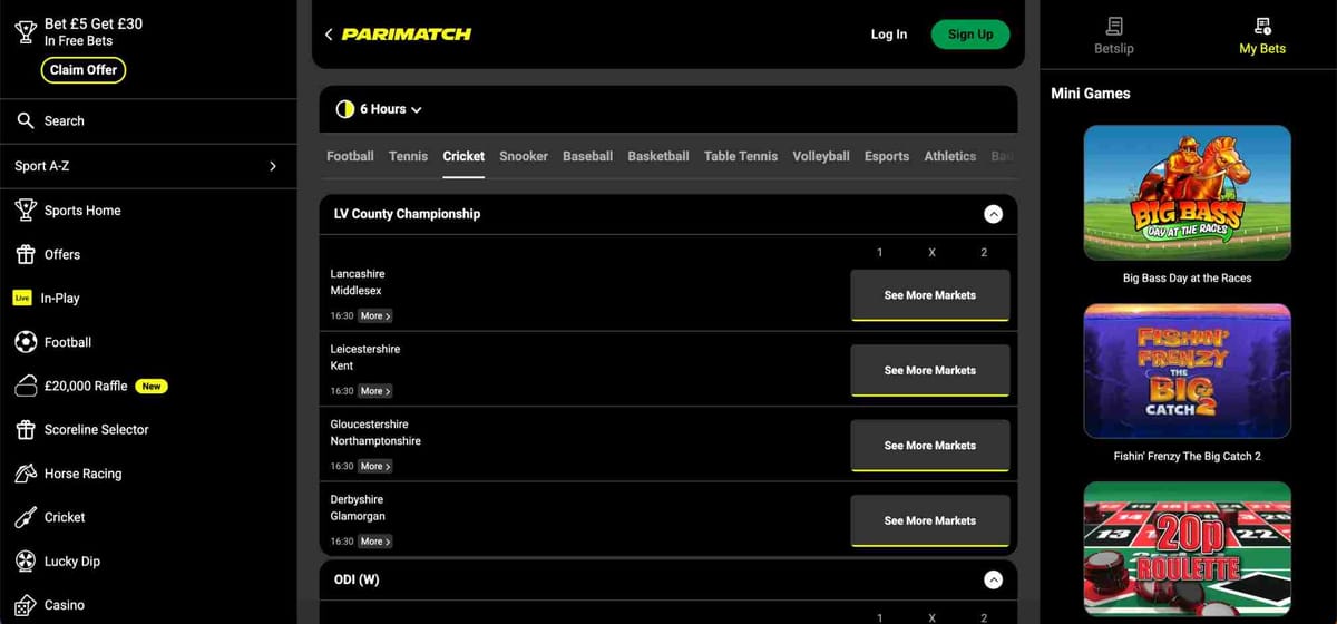 Screenshot of Parimatch's cricket betting interface showing upcoming LV County Championship matches, relevant for users exploring Parimatch crypto deposit UAE options.