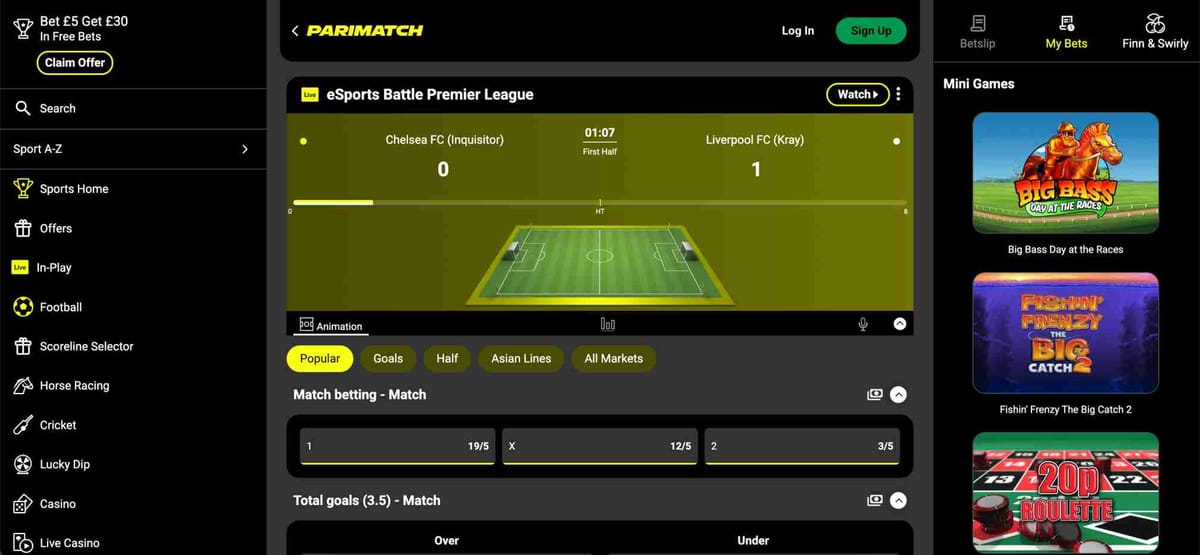 Parimatch football betting screen showing live eSports Premier League match between Chelsea FC and Liverpool FC – does Parimatch accept BLIK Poland for deposits?