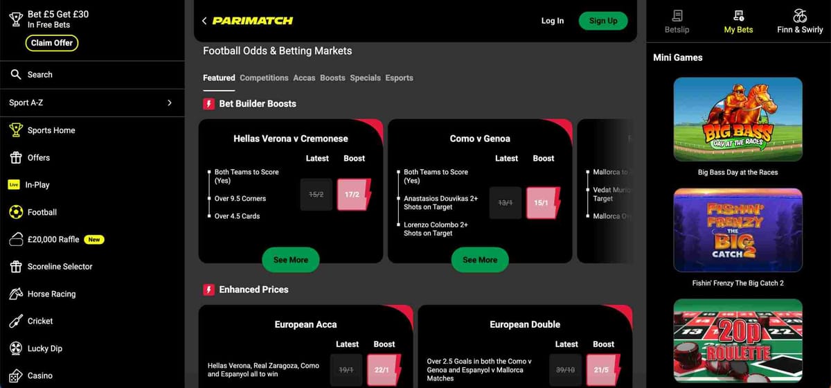 Parimatch betting boosts and football odds with market options displayed on screen