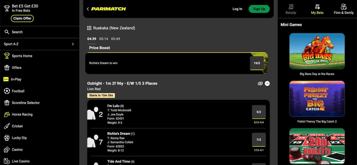 Parimatch betting interface showing horse racing odds and promotions