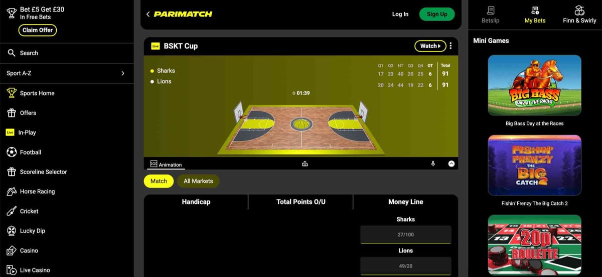Parimatch live basketball betting screen showing Sharks vs Lions scores and markets – can I bet anonymously on Parimatch?
