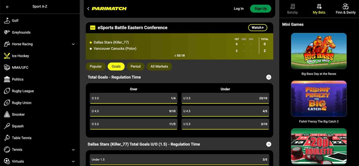 Parimatch live betting screen showing Dallas Stars vs Vancouver Canucks match with odds and markets – when do Parimatch bonus bets expire