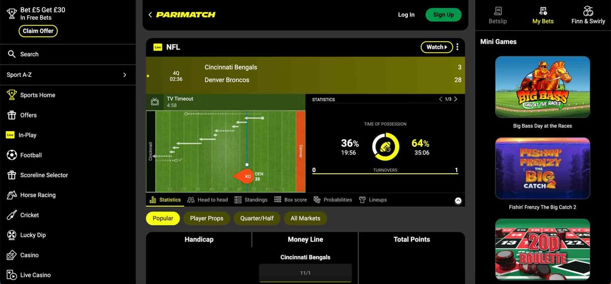 Parimatch live betting screen showing NFL game stats, highlighting potential issues like deposit declined but money taken.