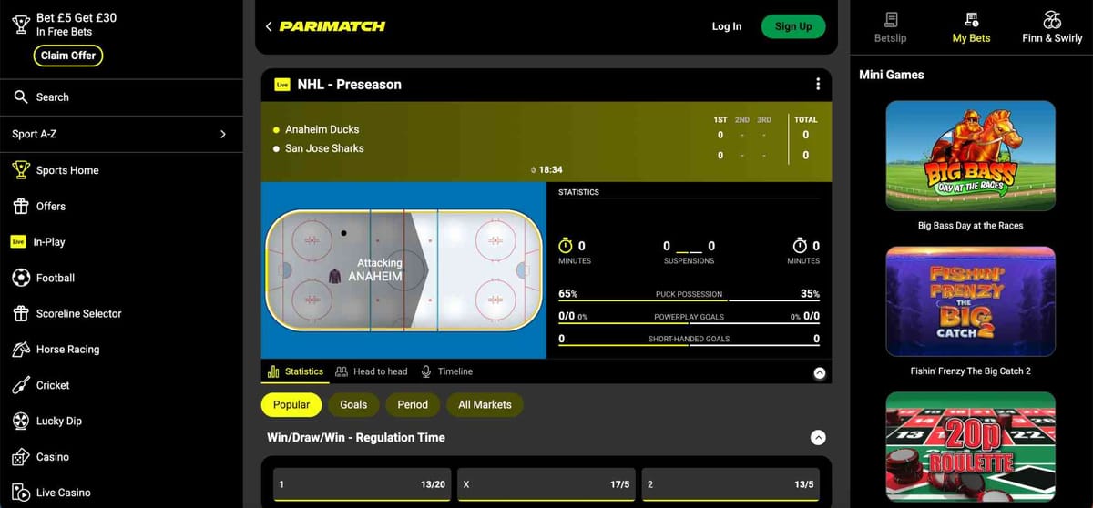 Parimatch live betting interface showing NHL preseason game between Anaheim Ducks and San Jose Sharks, useful for players wondering does Parimatch accept Visa gift cards.