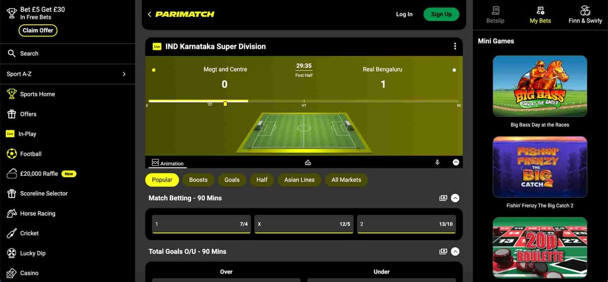 Live football betting interface on Parimatch showing Meqt and Centre vs Real Bengaluru — relevant for those asking is Parimatch legal in Tennessee.