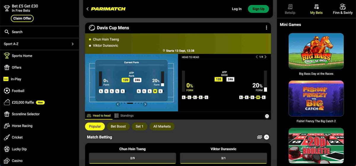 Parimatch tennis betting screen showing Davis Cup odds and player stats, helpful for understanding what happens if a bet is void on Parimatch.