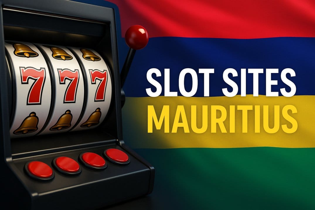 Slot machine with triple sevens and bells in front of Mauritius flag promoting slot sites Mauritius