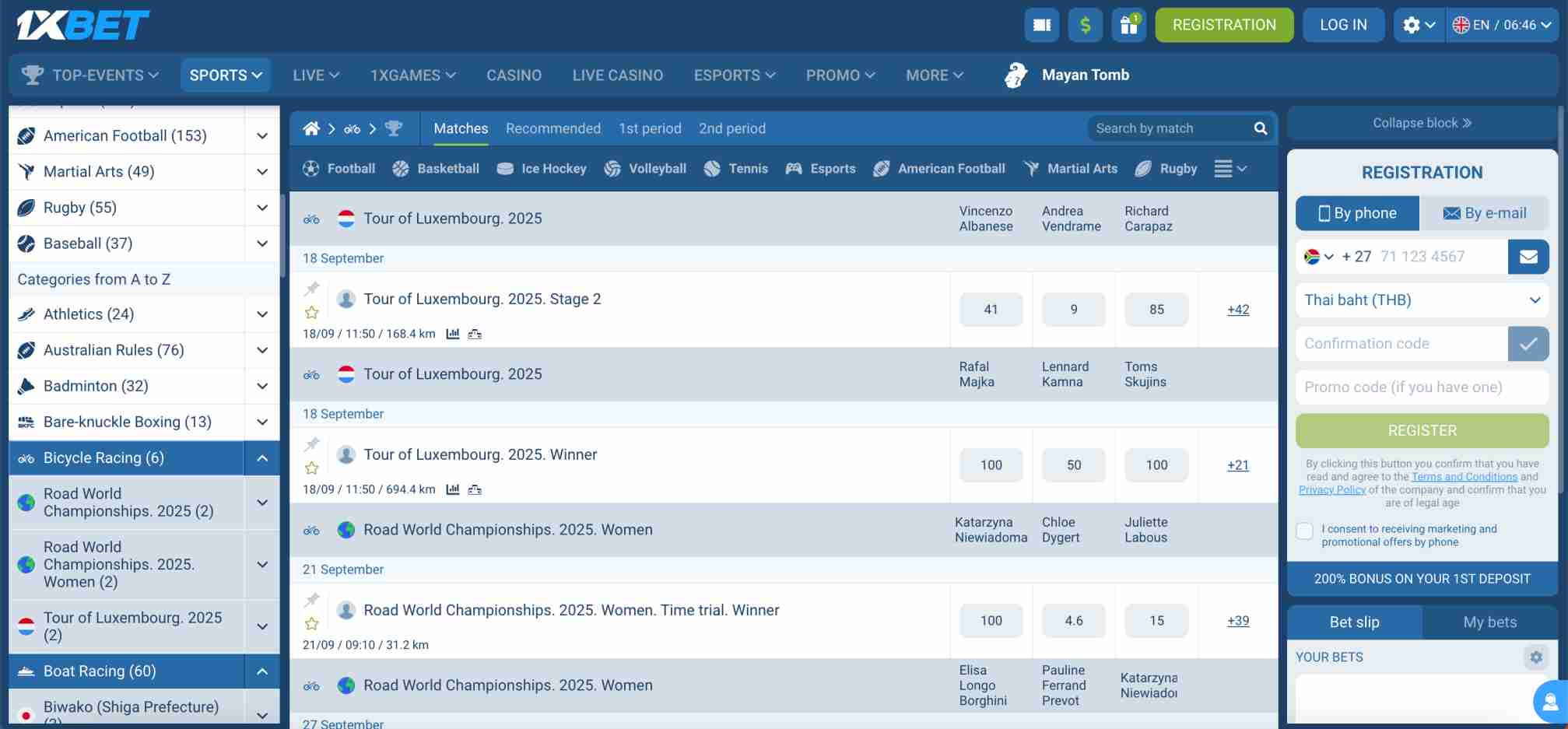 Screenshot of sports betting options on 1xBet platform, useful for users looking to make a Visa deposit in Nigeria.