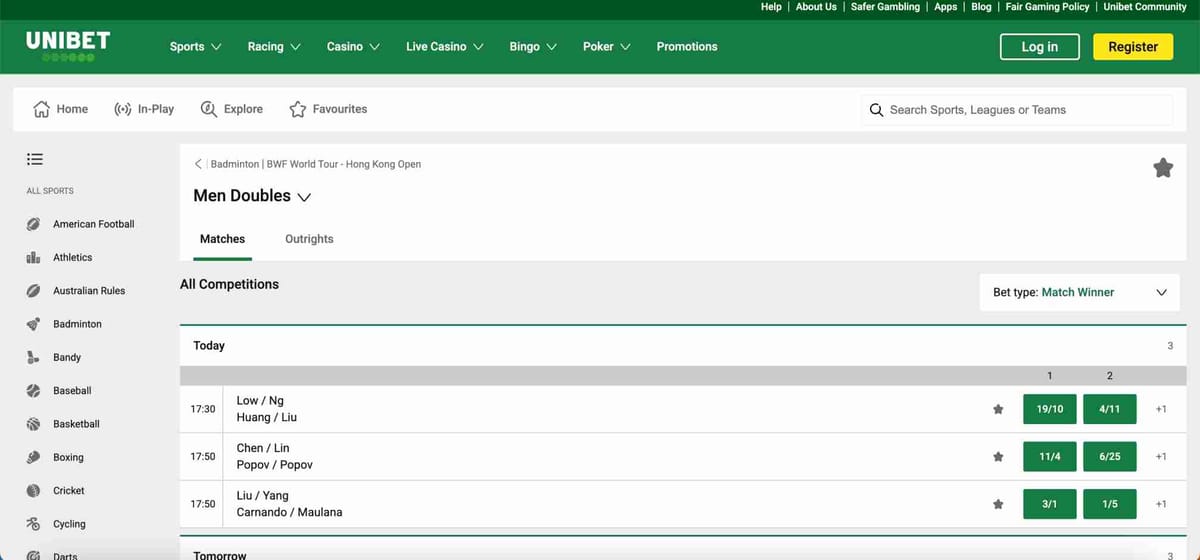 Unibet betting page showing badminton men’s doubles matches and odds – can I bet anonymously on Unibet