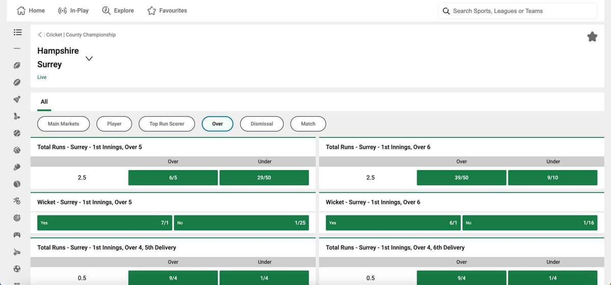 Unibet cricket betting odds live for Hampshire vs Surrey County Championship match — does Unibet accept BLIK Poland as a payment method for wagers?