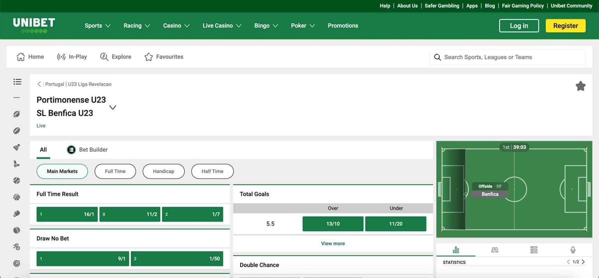 Unibet live betting odds for Portimonense U23 vs Benfica U23 football match, showing markets and stats on the sportsbook site.