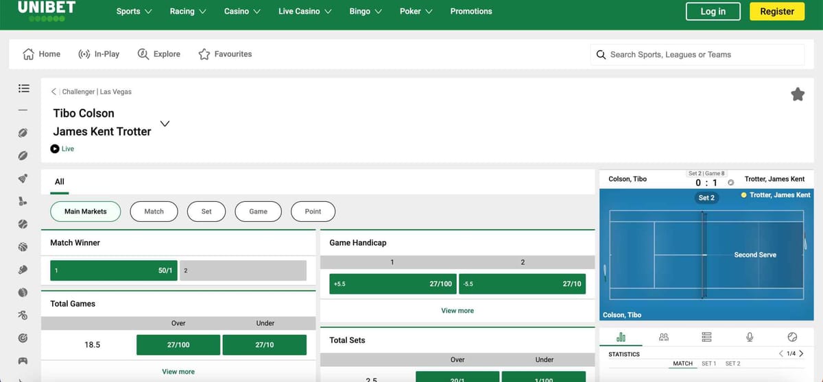 Live tennis betting on Unibet showing Tibo Colson vs James Kent Trotter with match odds and markets, relevant for Unibet Skrill withdrawal time users.
