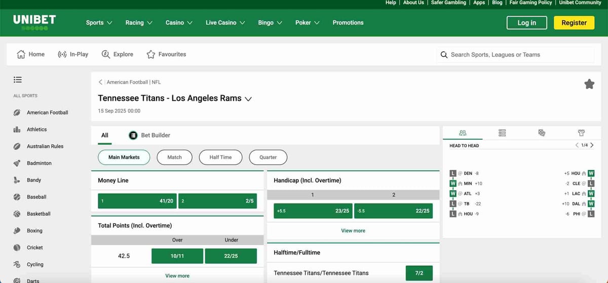 Unibet betting markets for Tennessee Titans vs Los Angeles Rams showing money line, total points, and handicap options