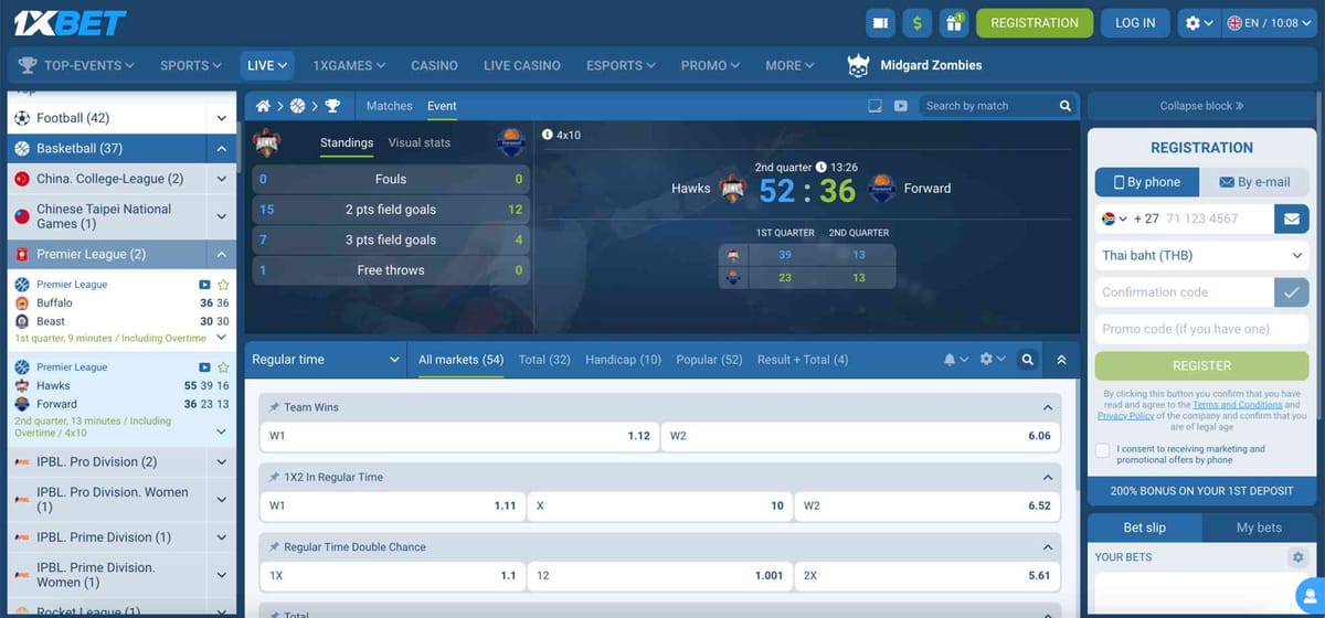 1xBet basketball live betting interface showing Hawks vs Forward score and markets — 1xBet mobile money Rwanda options available for players.