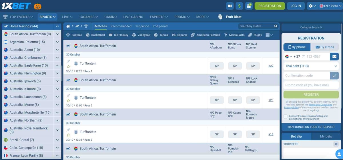 1xBet horse racing page showing South Africa Turffontein races and betting options explained for 1xBet what does each way mean article.