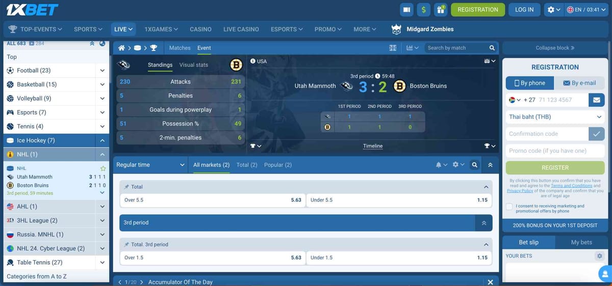 Live 1xBet ice hockey match between Utah Mammoth and Boston Bruins showing real-time stats and score — does 1xBet require KYC for betting.