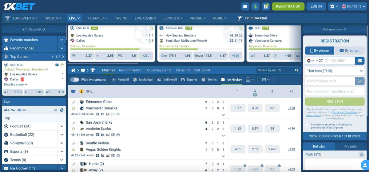 1xBet live betting dashboard showing football, basketball, and ice hockey matches in progress