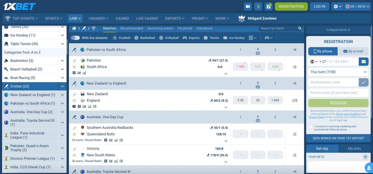 Live cricket betting screen on 1xBet showing Pakistan vs South Africa match and odds — what happens if a cricket match is tied in 1xBet